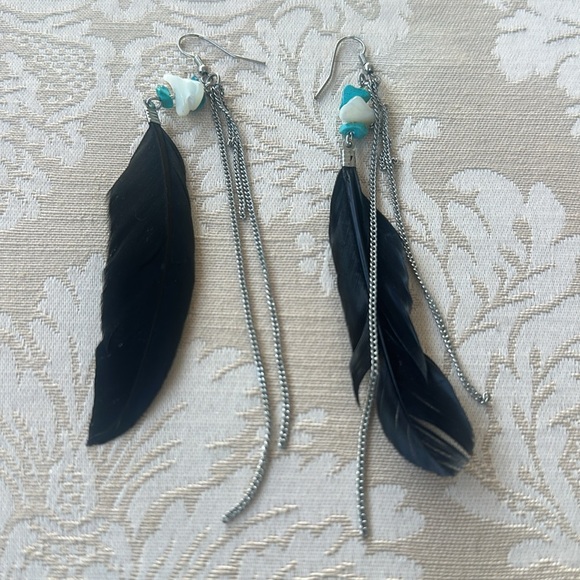 Turquoise and Black Feather Earrings - Picture 1 of 7
